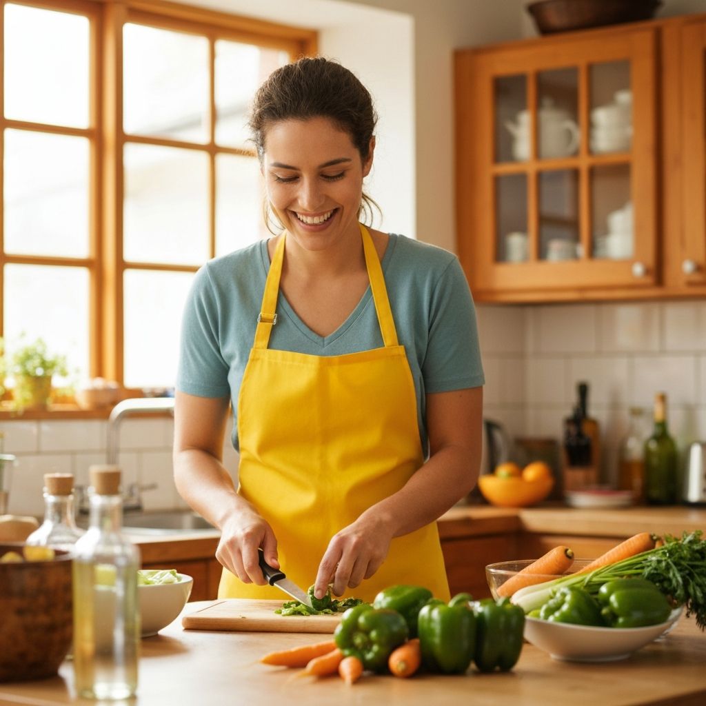 Személy boldogan főz friss zöldséget a konyhában