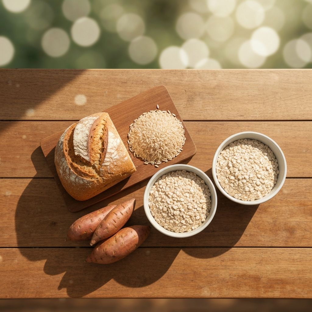 Egészséges szénhidrátok: teljes kiőrlésű kenyér, barna rizs, habarcs, édesburgonya